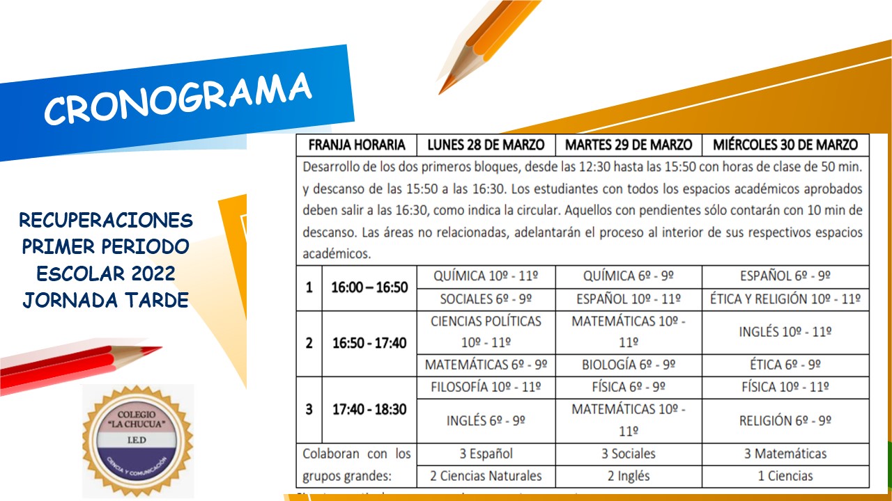 CRONOGRAMA RECUPERACIONES PRIMER PERIODO JORNADA TARDE