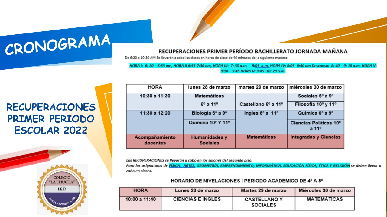CRONOGRAMA DE RECUPERACIONES PRIMER PERIODO ESCOLAR 2022
