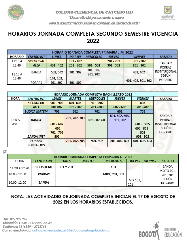 HORARIO JORNADA COMPLETA SEGUNDO SEMESTRE 2022