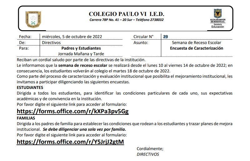 Circular 29: Semana de Receso Escolar, Encuesta de Caracterización Padres y Estudiantes