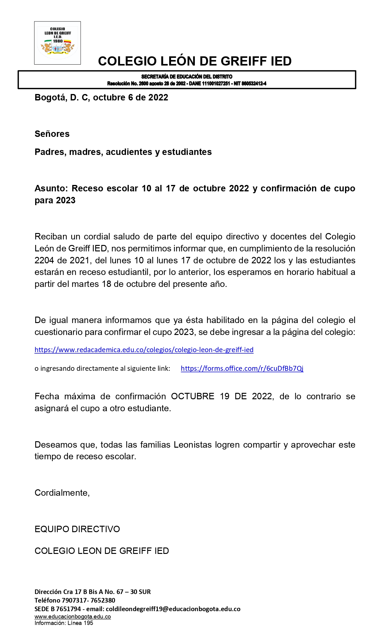 circular: Receso escolar y confirmación de cupo 2023