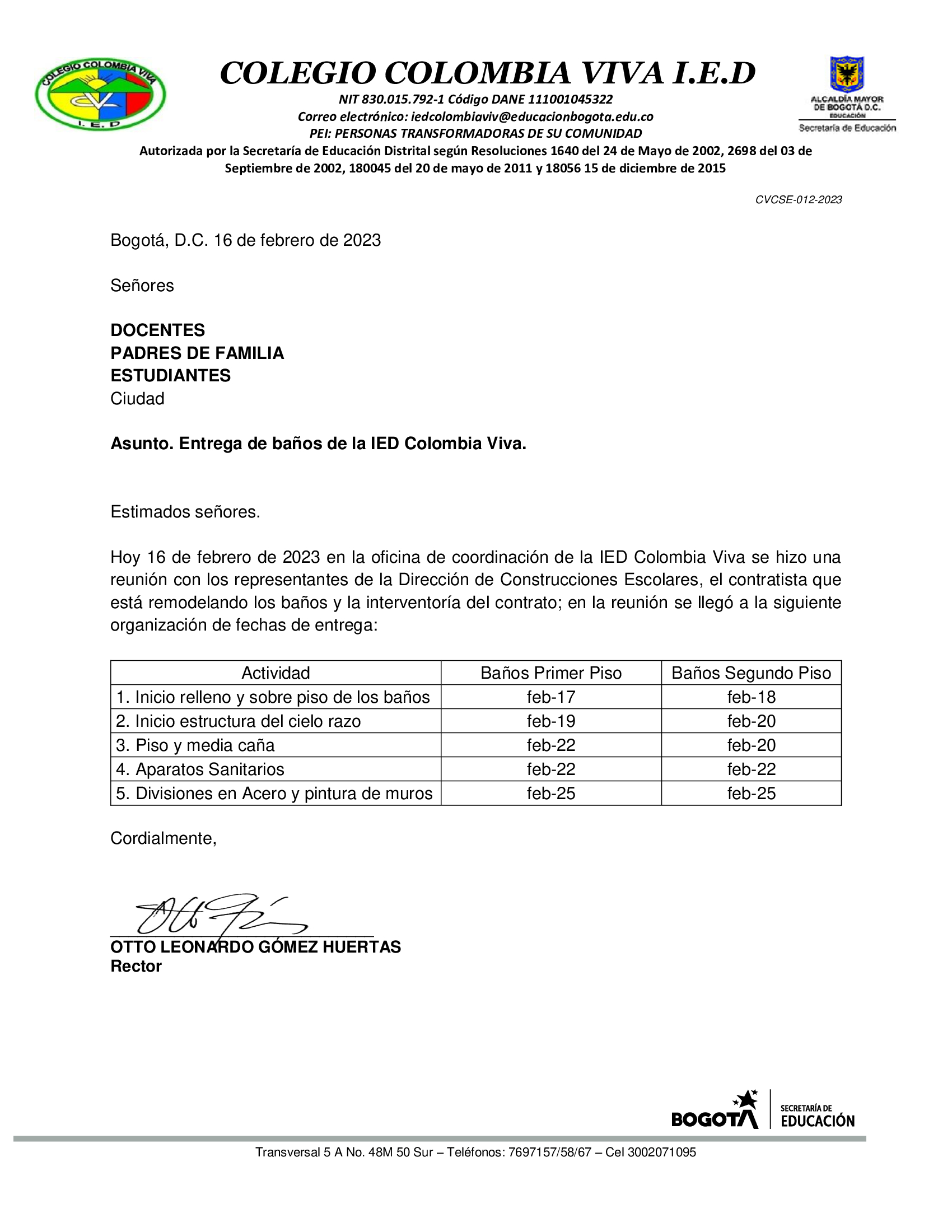 Carta de Avances de la entrega de baños del Colegio Colombia Viva IED