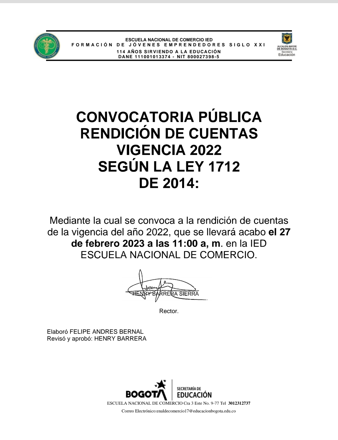 Circular para invitación a la comunidad educativa para asistir a la rendición pública de cuentas.
