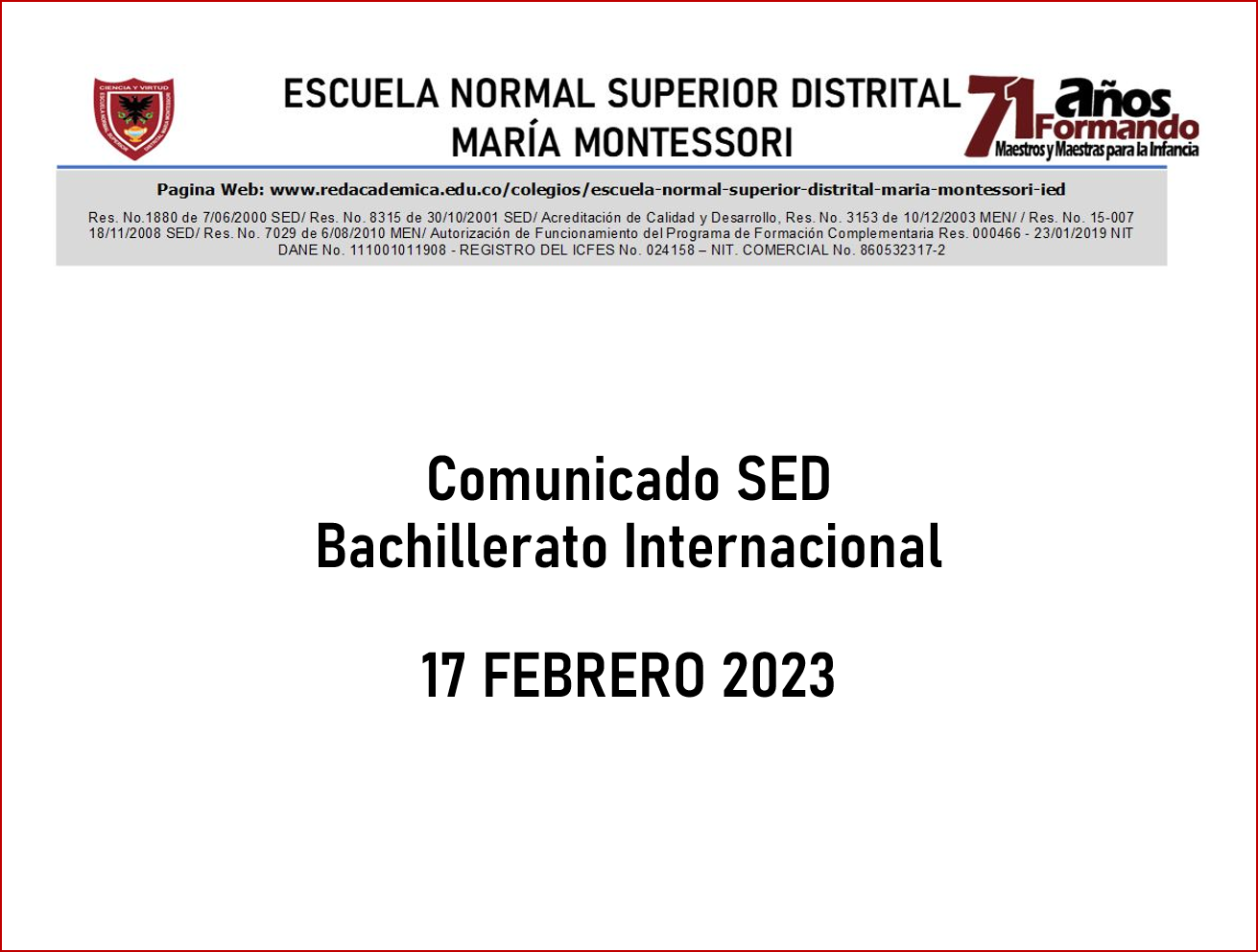 Comunicado SED - Bachillerato Internacional