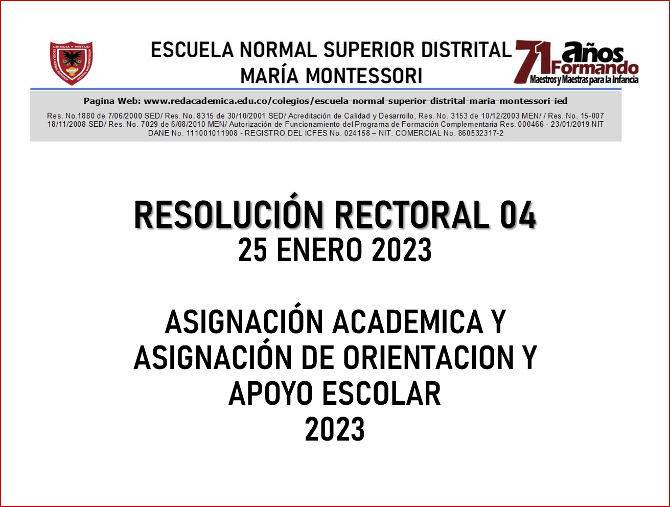 RESOLUCIÓN RECTORAL 04 Asignación Académica 2023