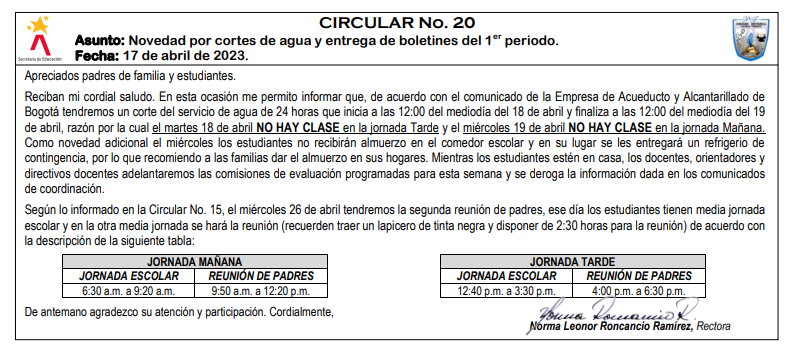 Novedad por cortes de agua y entrega de boletines del 1er periodo.