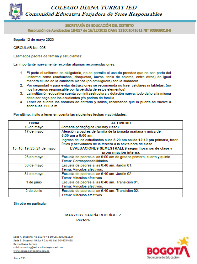 CIRCULAR No. 005-2023 (JORNADA MAÑANA Y ÚNICA)