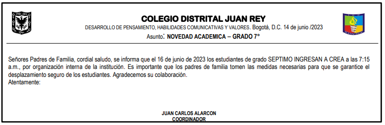 NOVEDAD ACADEMICA GRADO 7° 16 DE JUNIO