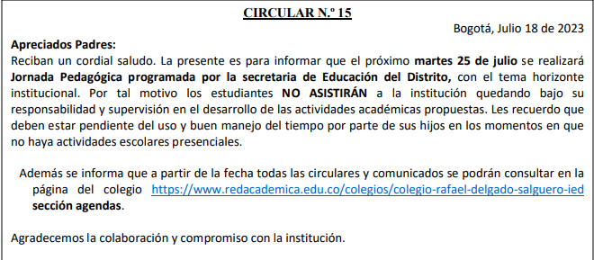 Circular: No hay clase el martes 25 de julio
