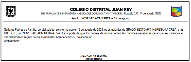NOVEDAD ACADEMICA 15 DE AGOSTO