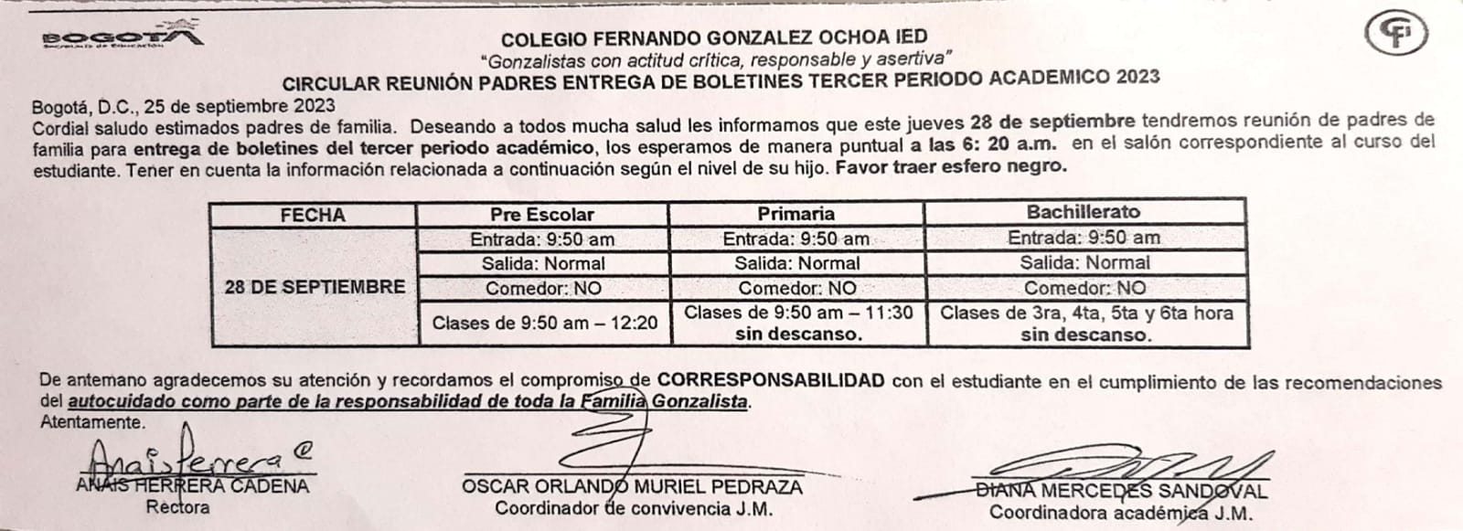 ENTREGA DE BOLETINES TERCER PERIODO