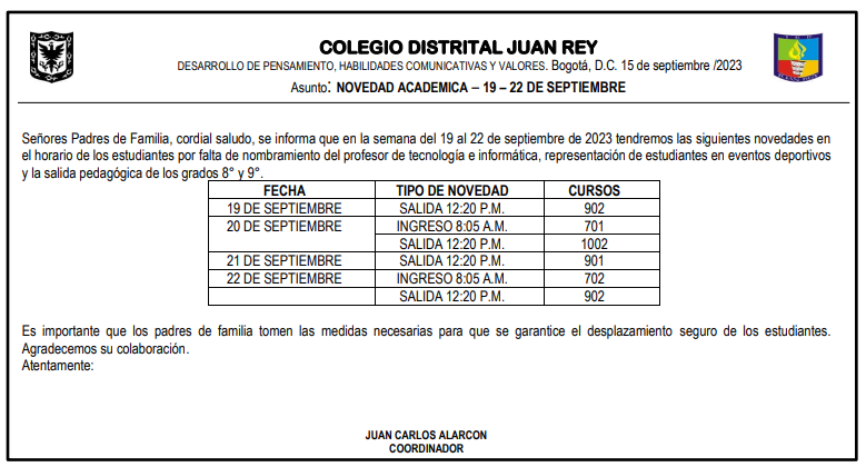 NOVEDAD ACADEMICA 19 AL 22 DE SEPTIEMBRE