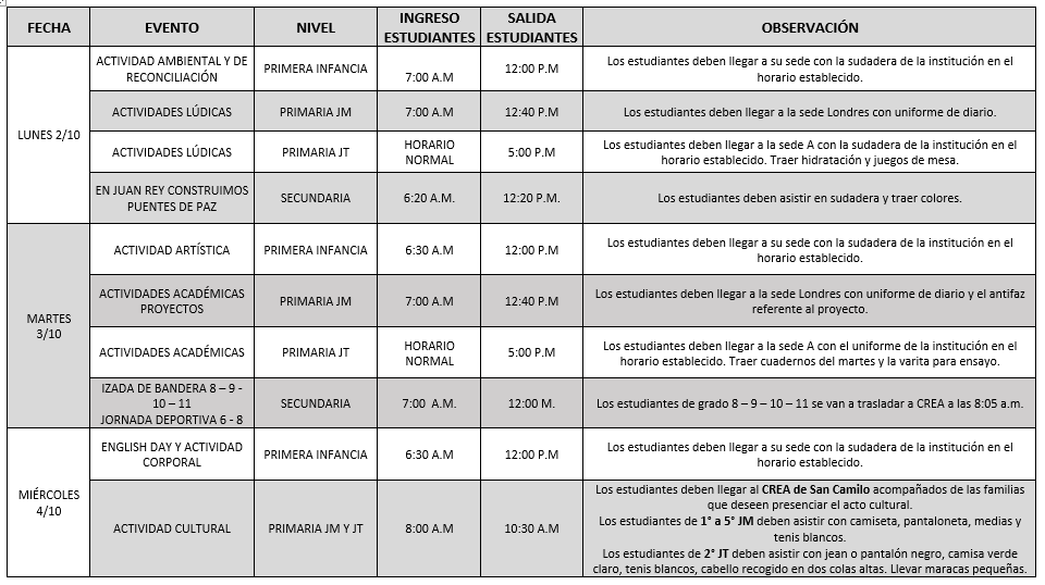 CRONOGRAMA DE ACTIVIDADES CUMPLEAÑOS COLEGIO JUAN REY 