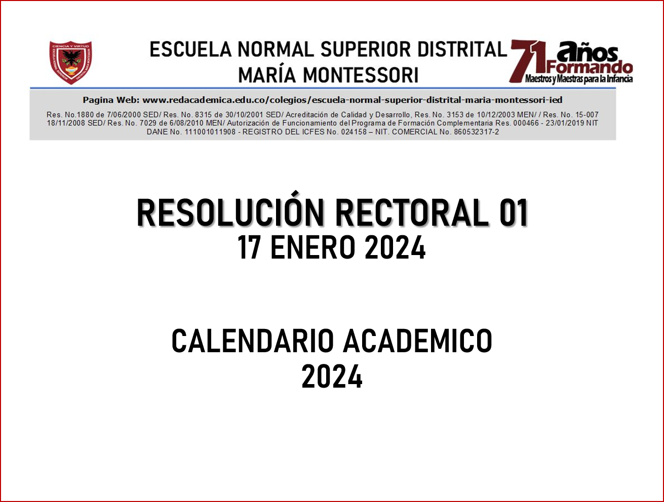 RESOLUCIÓN RECTORAL No. 1 - CALENDARIO ESCOLAR 2024