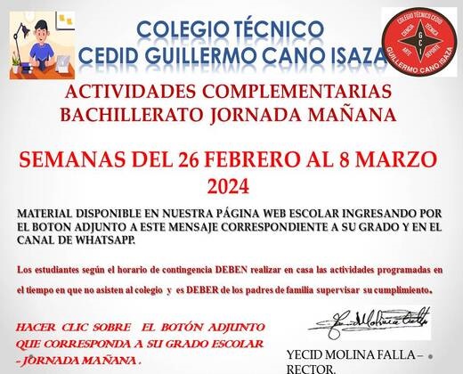 ACTIVIDADES COMPLEMENTARIAS BACHILLERATO JORNADA MAÑANA SEMANAS DEL 26 FEBRERO AL 8 MARZO 2024