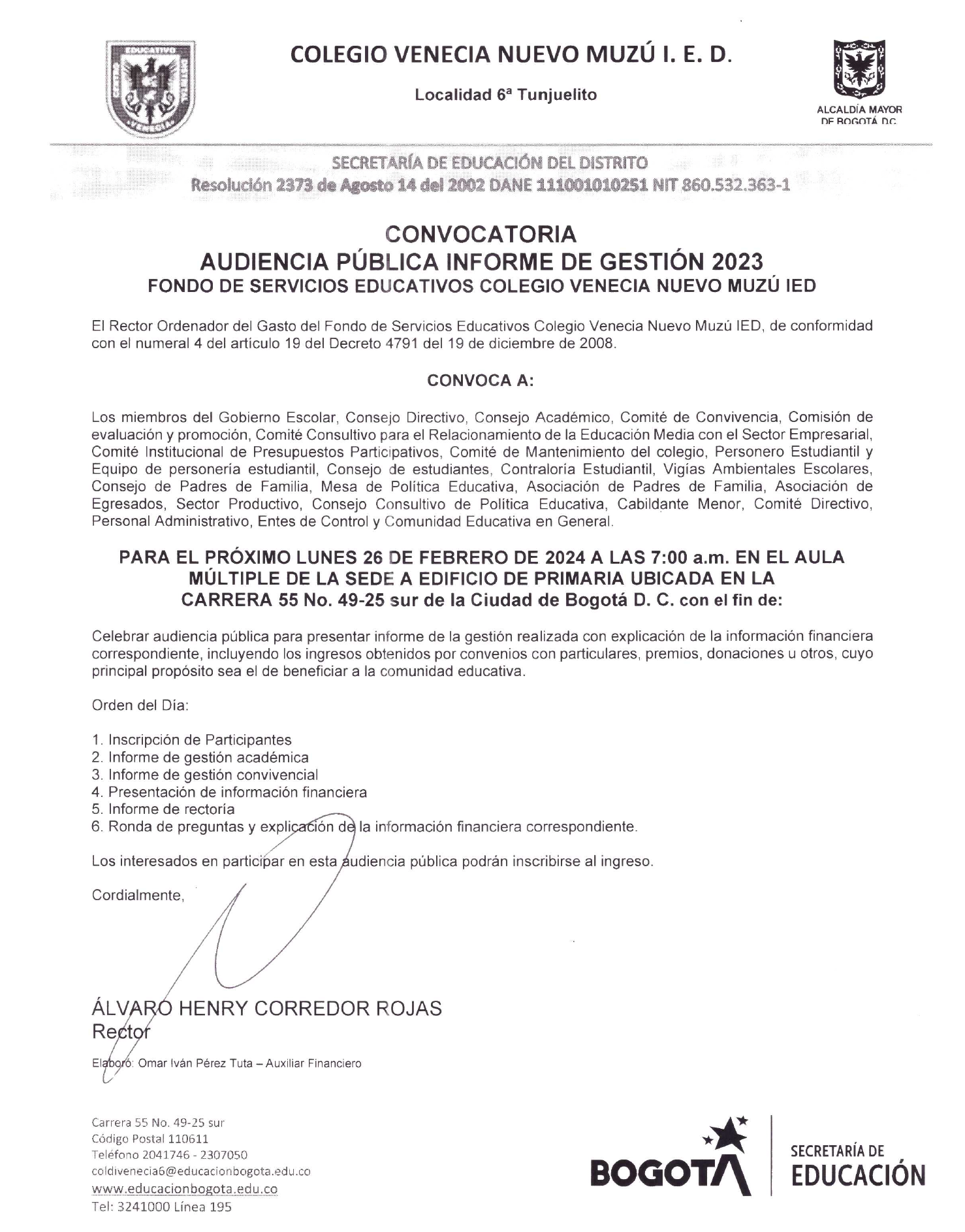 CONVOCATORIA A RENDICIÓN DE CUENTAS COLEGIO VENECIA IED 