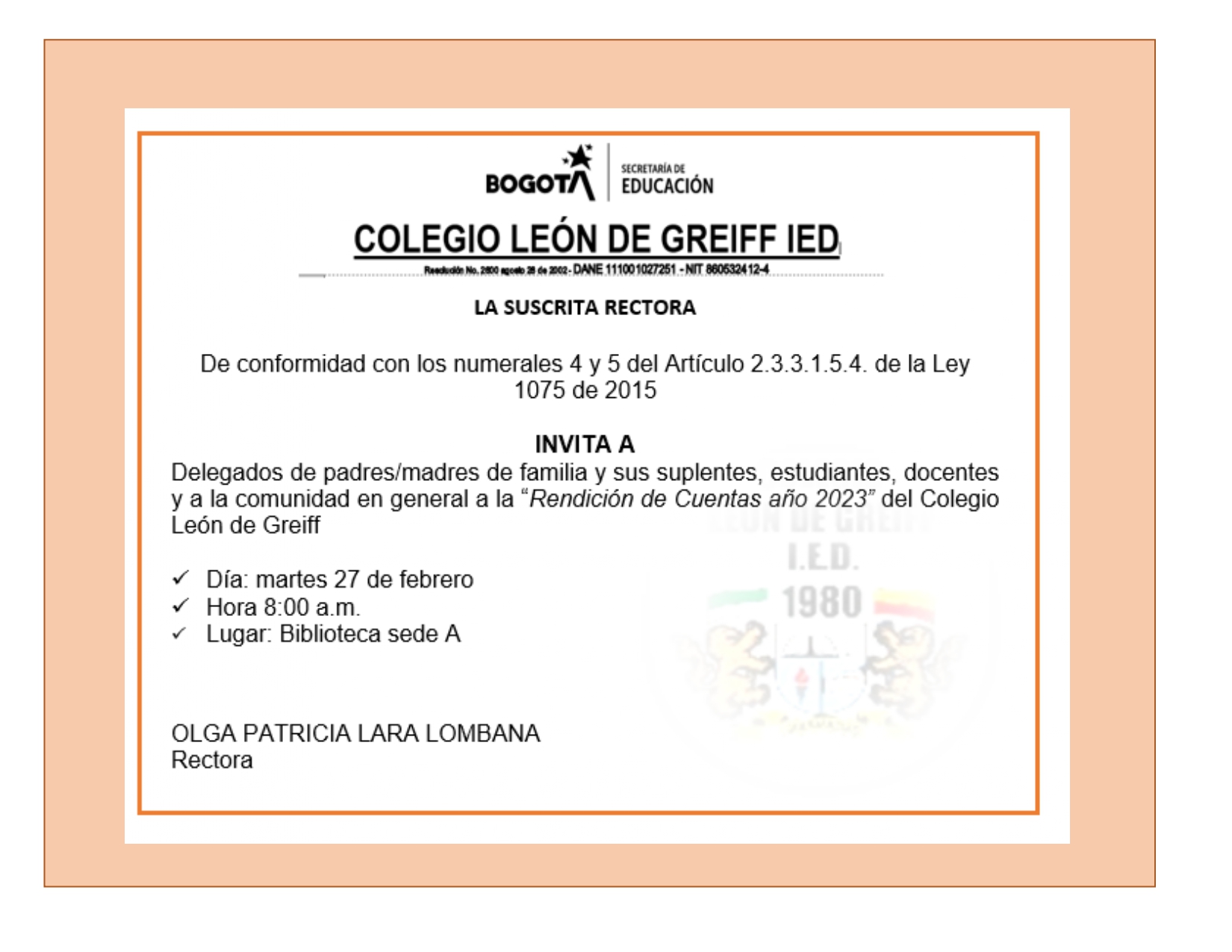 convocatoria rendición de cuentas 2023martes 27 de febrero 8 a.m en biblioteca