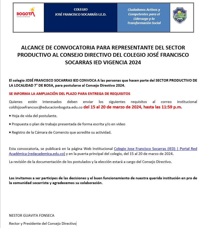 CONVOCATORIA PARA REPRESENTANTE DEL SECTOR PRODUCTIVO AL CONSEJO DIRECTIVO DEL COLEGIO JOSÉ FRANCISCO SOCARRAS IED VIGENCIA 2024