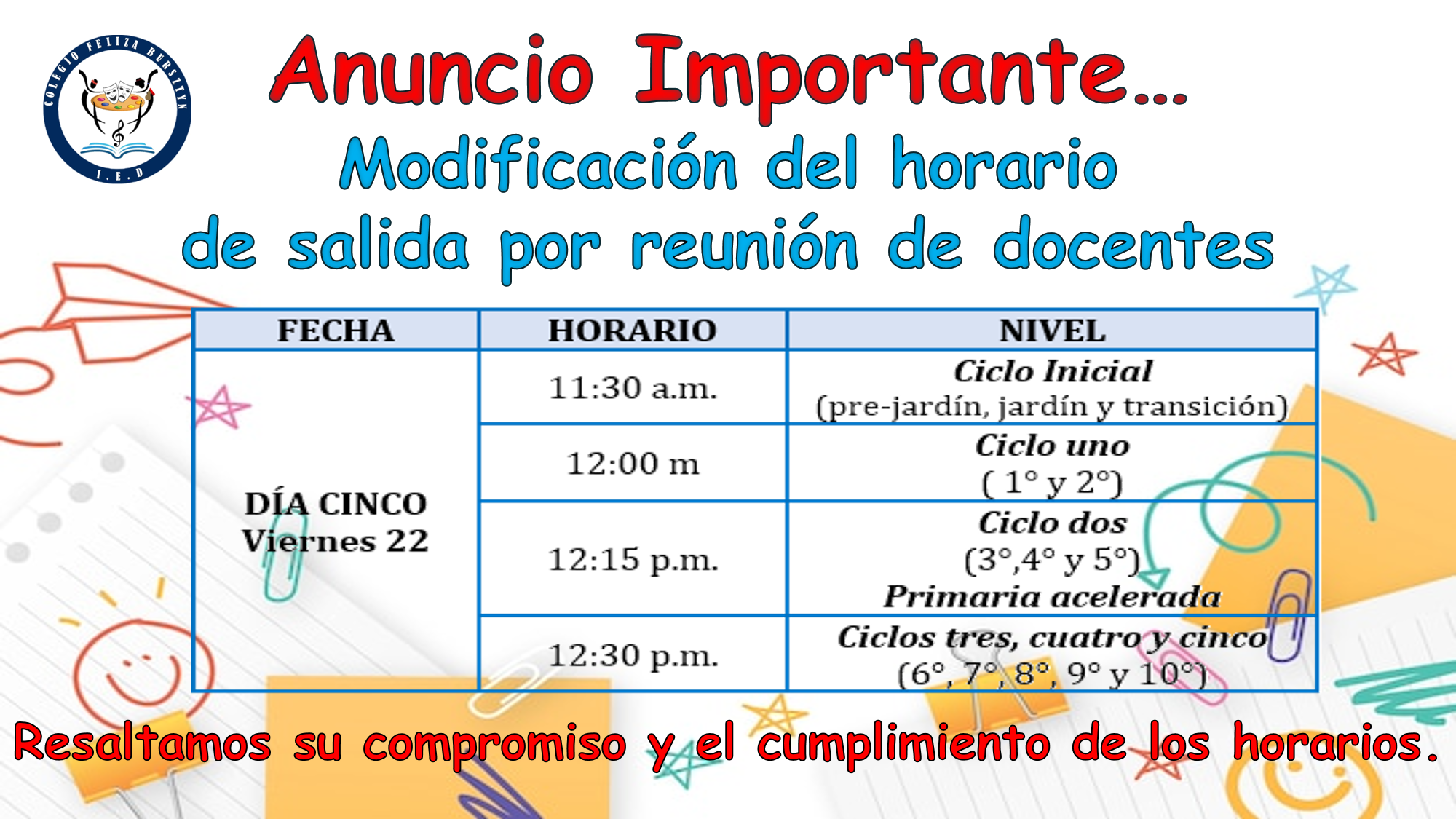 MODIFICACION HORARIO DE SALIDA VIERNES 22 DE MARZO