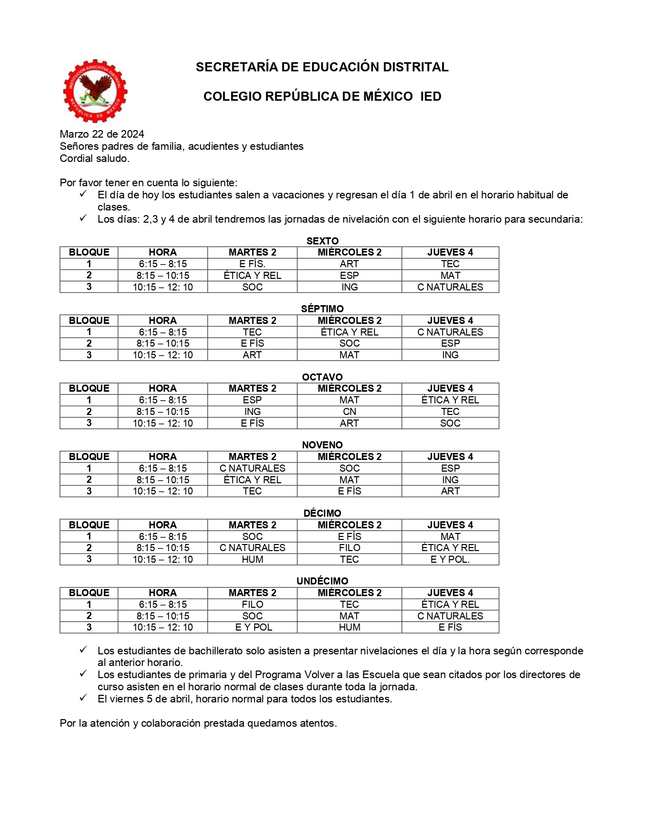 Circular informativa para padres, acudientes y cuidadores a propósito de las jornadas de nivelación