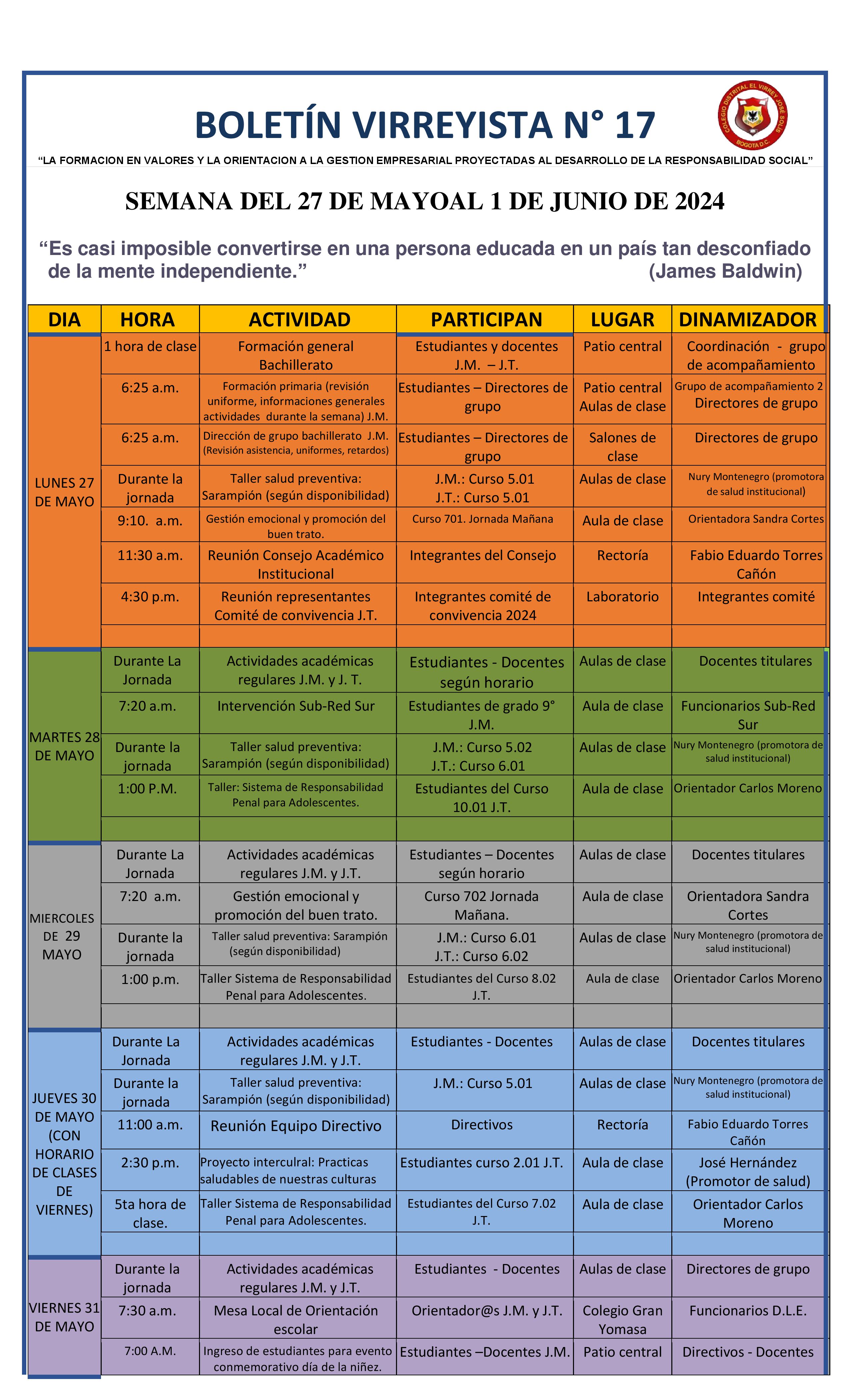 BOLETÍN SEMANAL N° 17 DEL 27 DE MAYO AL 1 DE JUNIO DE 2024