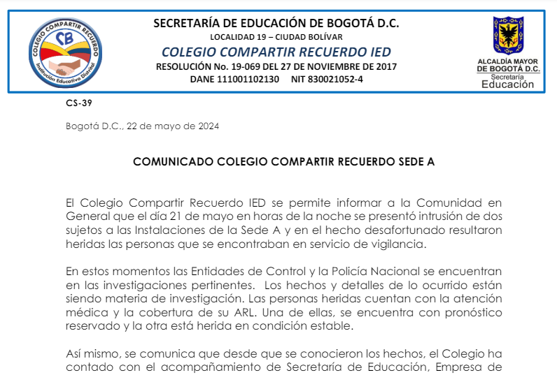 Comunicado sobre hechos ocurridos en el colegio anoche 21 de mayo de 2024