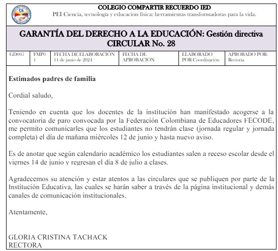 Circular 028 cancelaciónde jornada académica por movilización docente