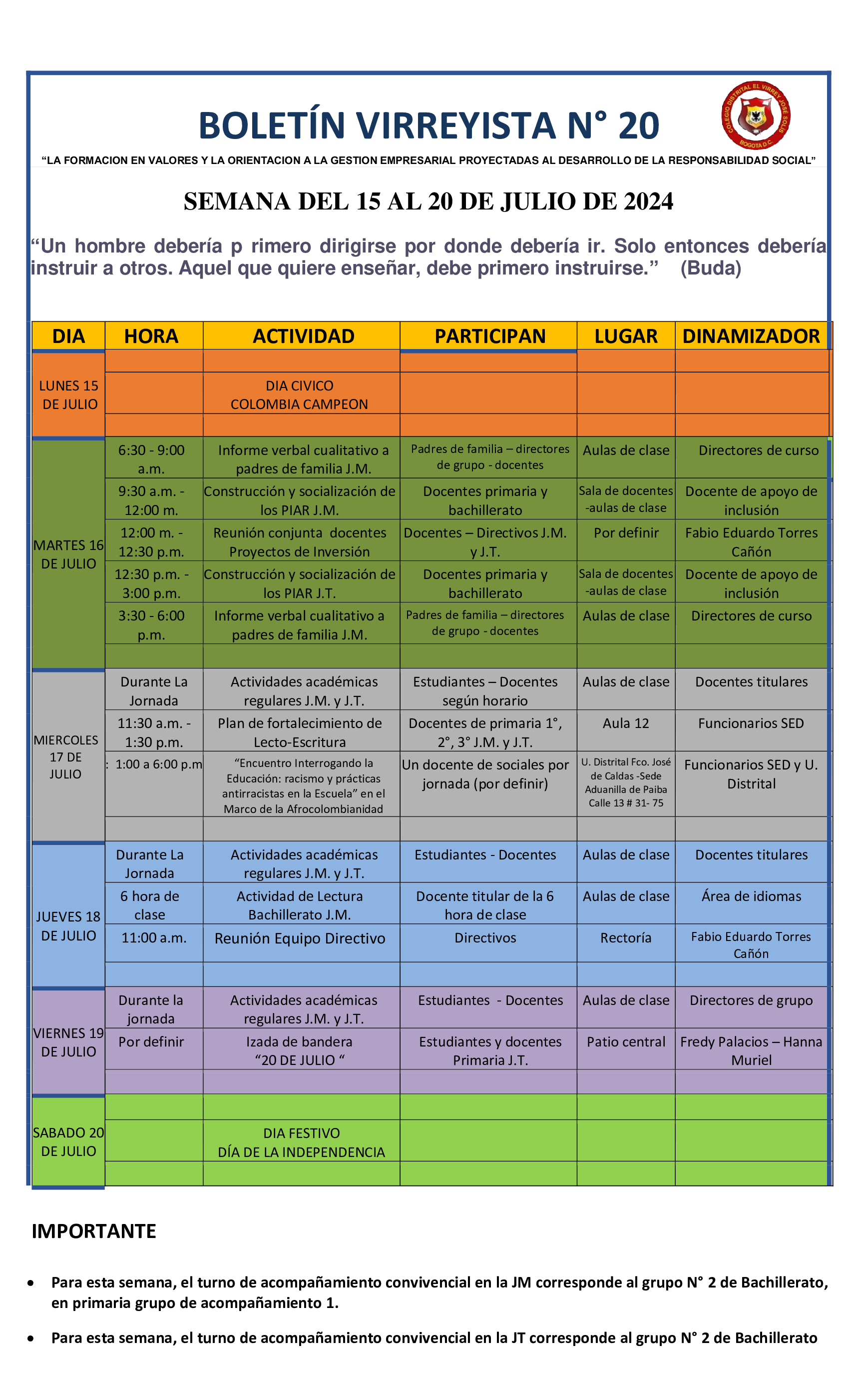 BOLETÍN SEMANAL N° 20 DEL 15 AL 20 DE JULIO DE 2024