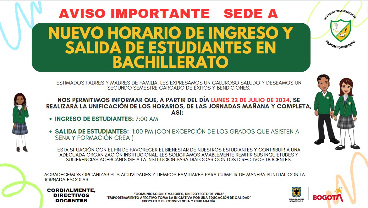 AVISO URGENTE "NUEVO HORARIO DE INGRESO Y SALIDA SEDE A" 