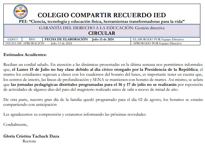 Circular no hay clase el lunes 15 de julio de 2024 