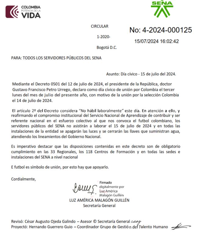 Día cívico - 15 de julio del 2024.   SENA no asistirán a laborar el 15 de julio de 2024 