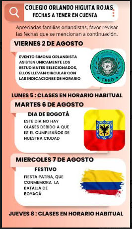 Información Fechas Importantes Primera Semana Agosto 2024