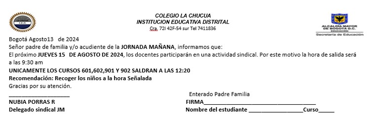 Cambio de horario Jornada mañana - Jueves 15 de agosto