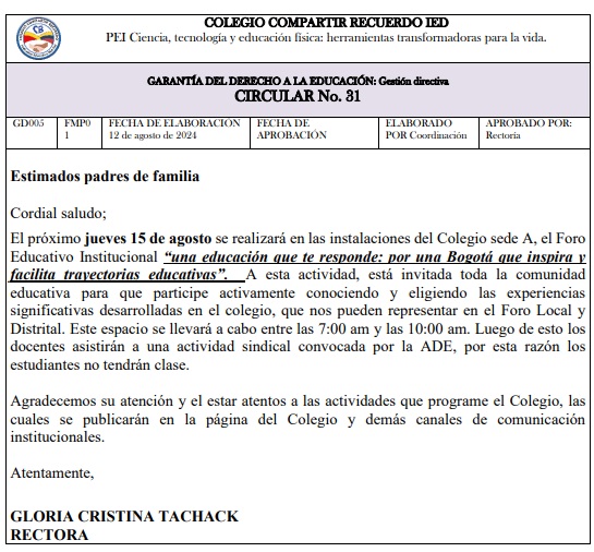 Aviso de no clase por foro y actividad sindical