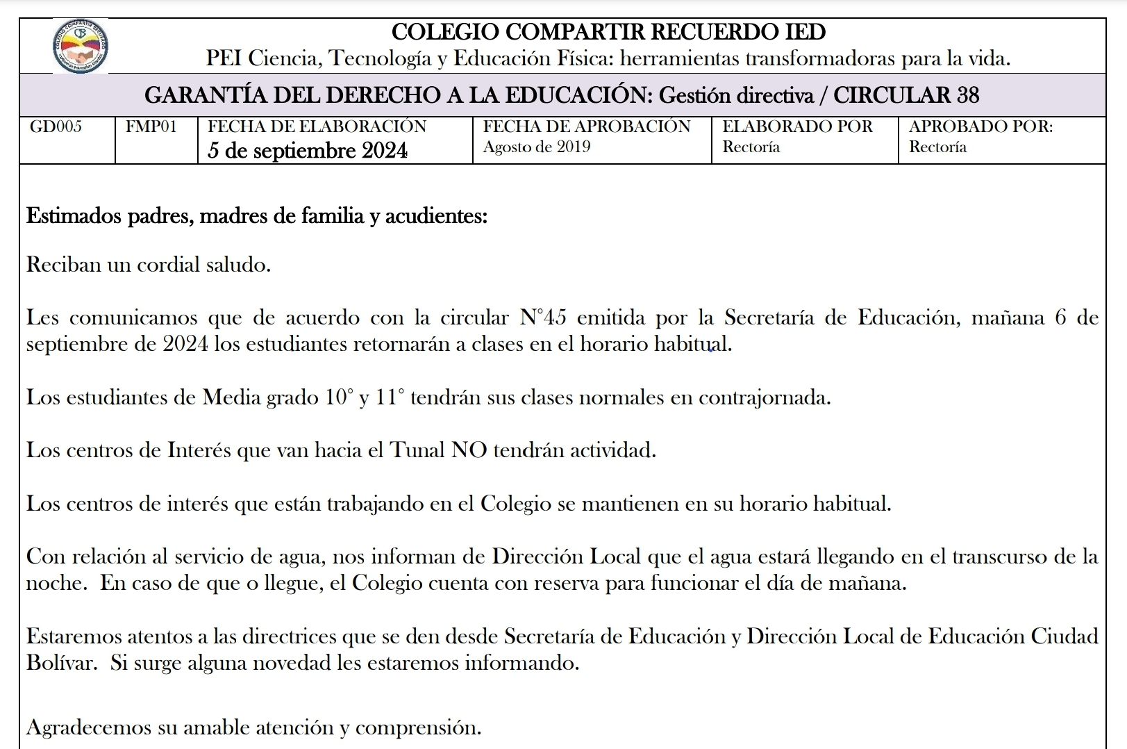 Aviso clases normales 6 de septiembre 