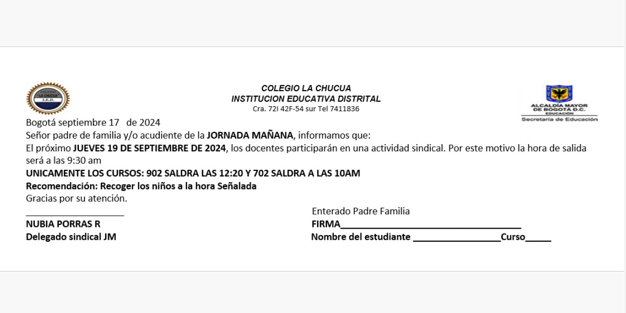 Jornada mañana: Los estudiantes saldrán temprano el jueves 19 de septiembre