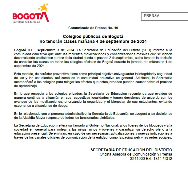 Se suspenden clases para núcleo común y media el 4 de septiembre