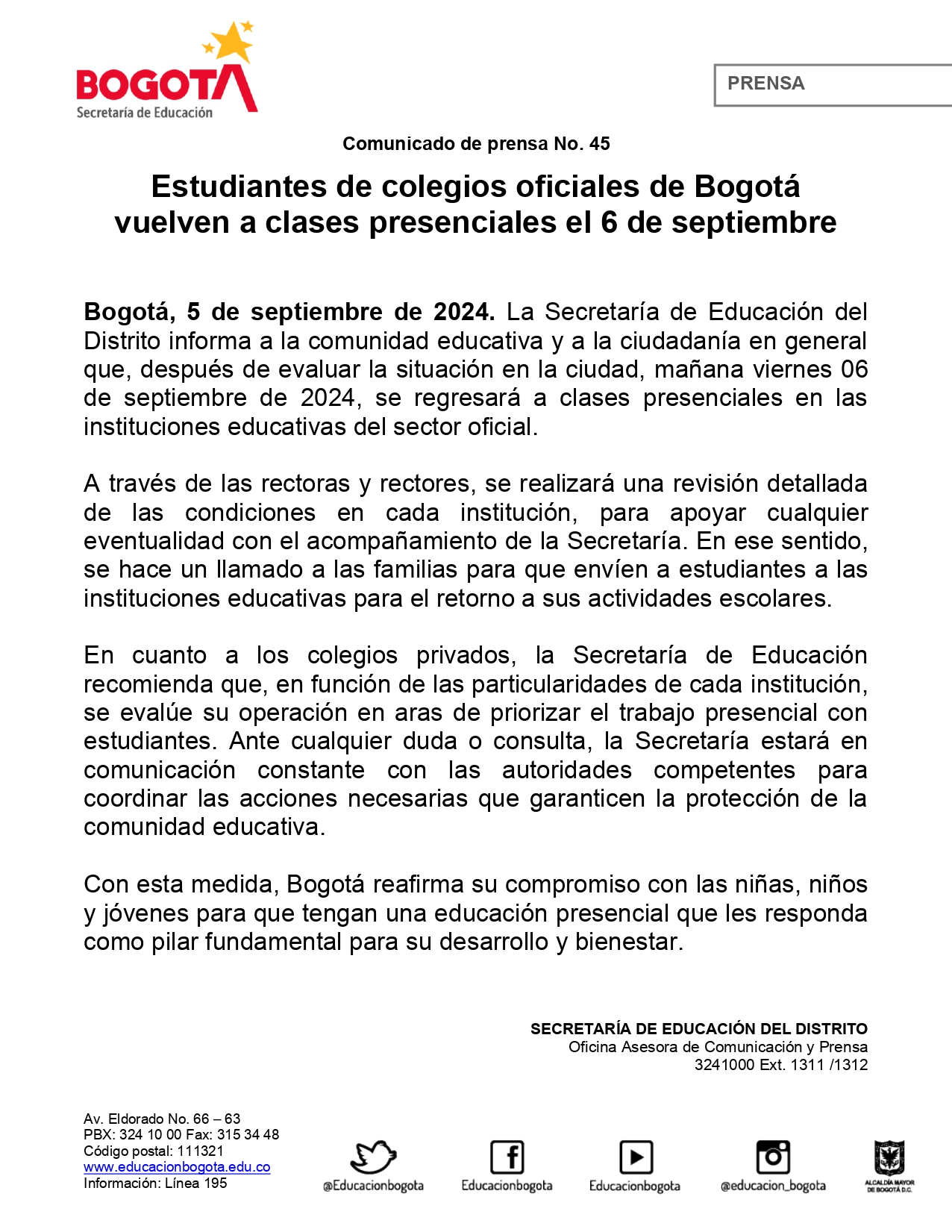 Regreso a clases. Viernes 6 de septiembre 