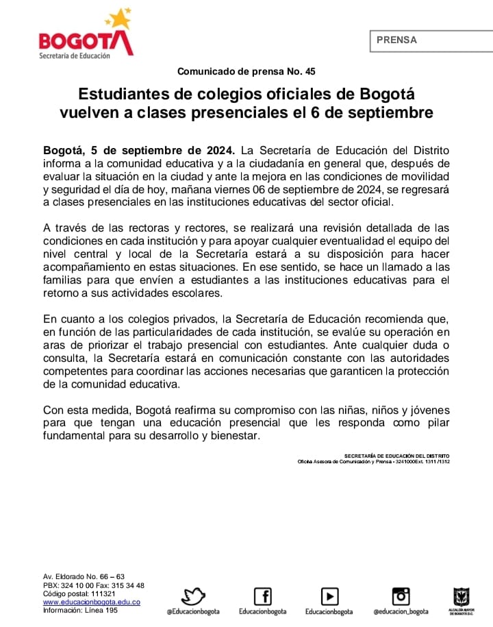 COMUNICADO DE PRENSA # 46 SEDBOGOTA
