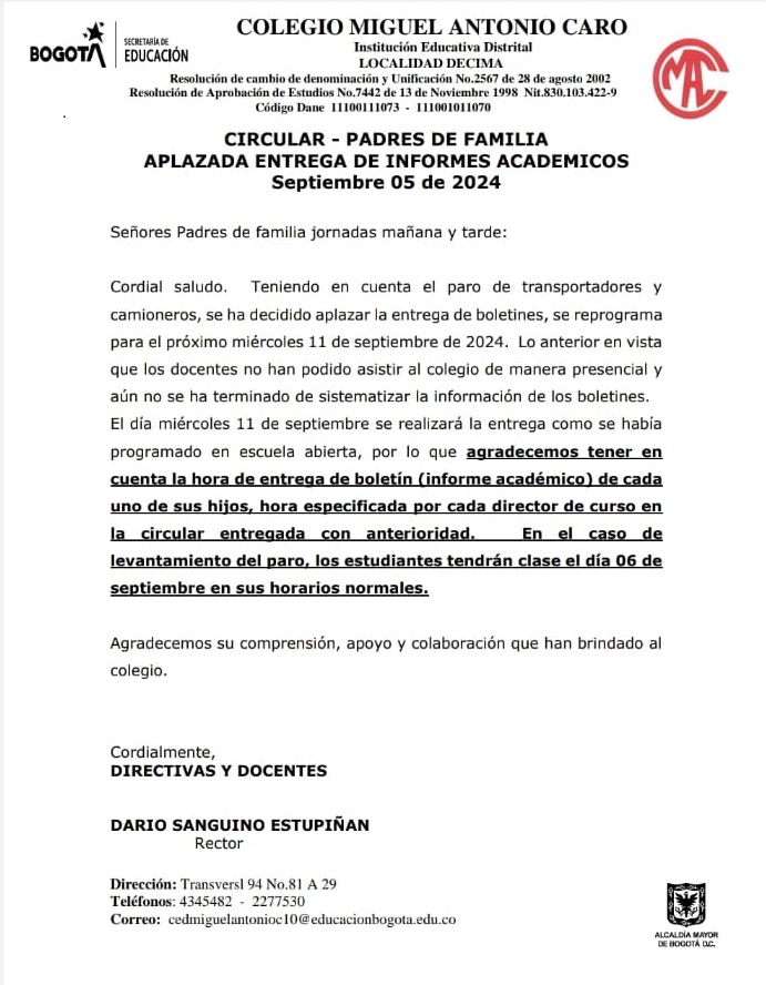 CIRCULAR - PADRES DE FAMILIA APLAZADA ENTREGA DE INFORMES ACADEMICOS Septiembre 05 de 2024