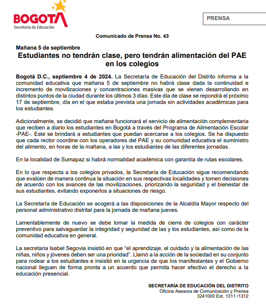 COMUNICADO DE PRENSA # 43 SEDBOGOTA