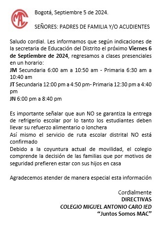 ColegioMiguel Antonio Caro IED Clases mañana 6 de septiembre de 2024- Presencialidad