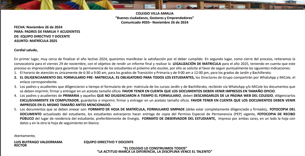 comunicado 035 matriculas 2025