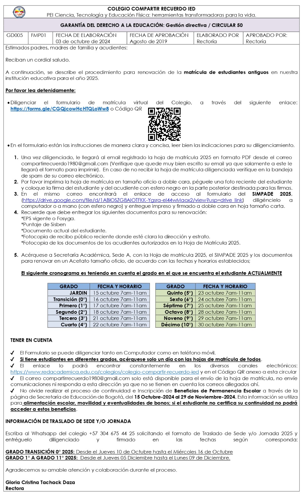 CIRCULAR SOBRE MATRÍCULA ESTUDIANTES ANTIGUOS PARA 2025