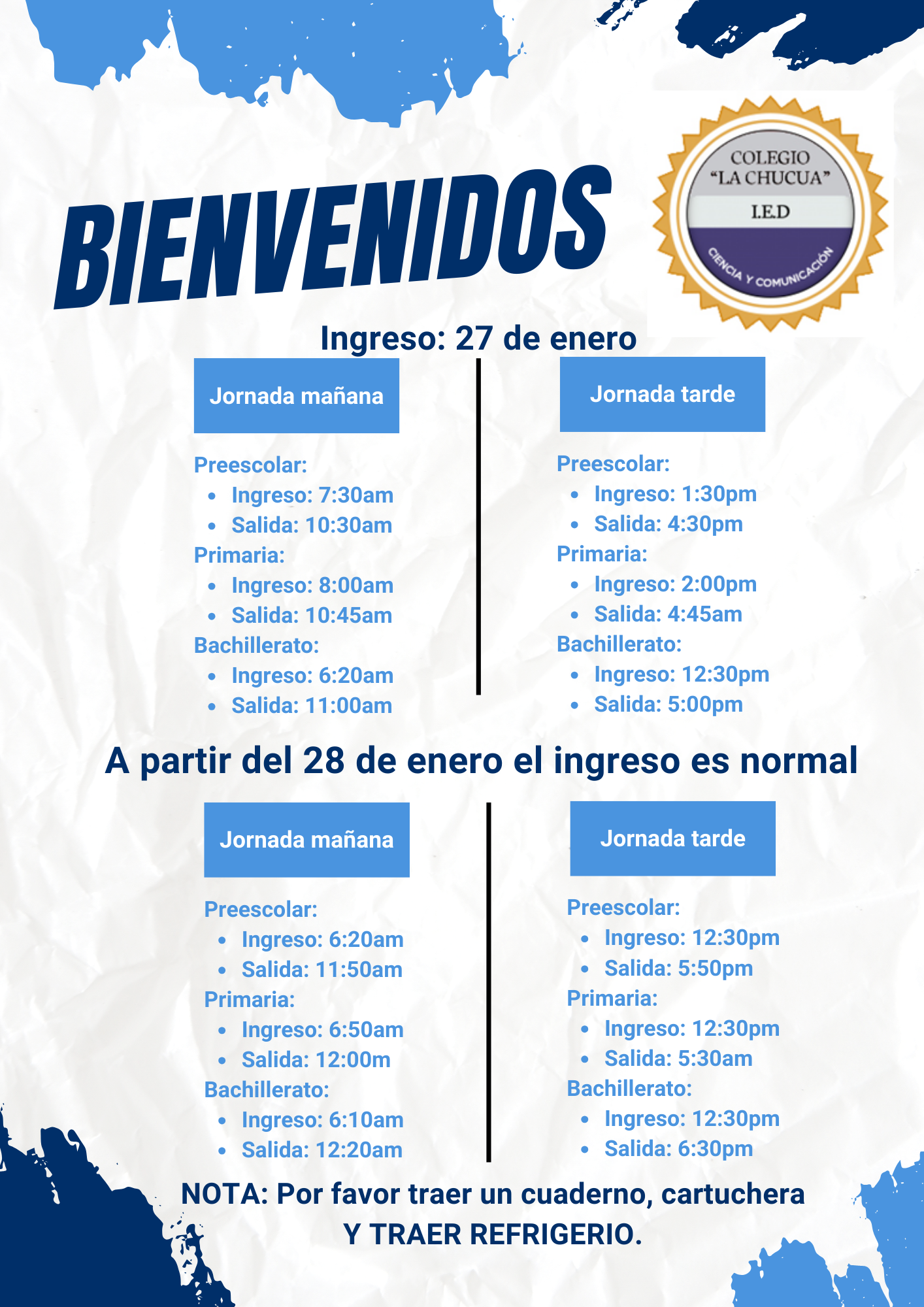 Bienvenida y horarios lunes 27 y martes 28 de enero
