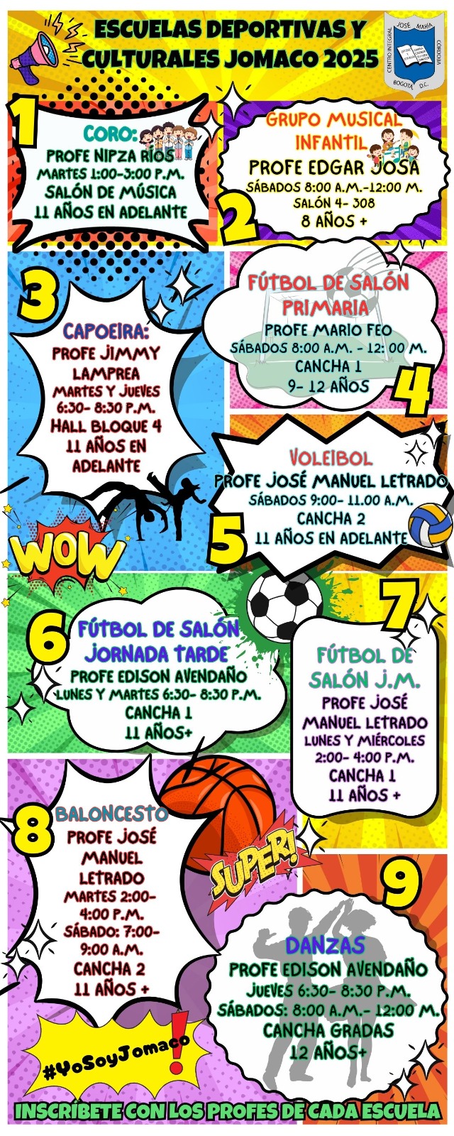 Datos de contacto para las inscripciones a las escuelas deportivas y culturales 2025.