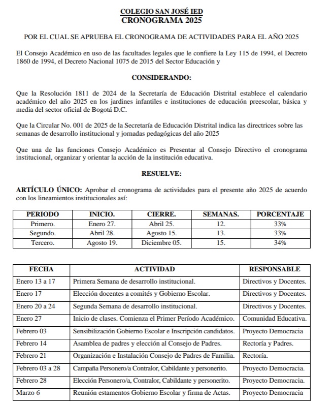 CALENDARIO ACADÉMICO SAN JOSÉ 2025