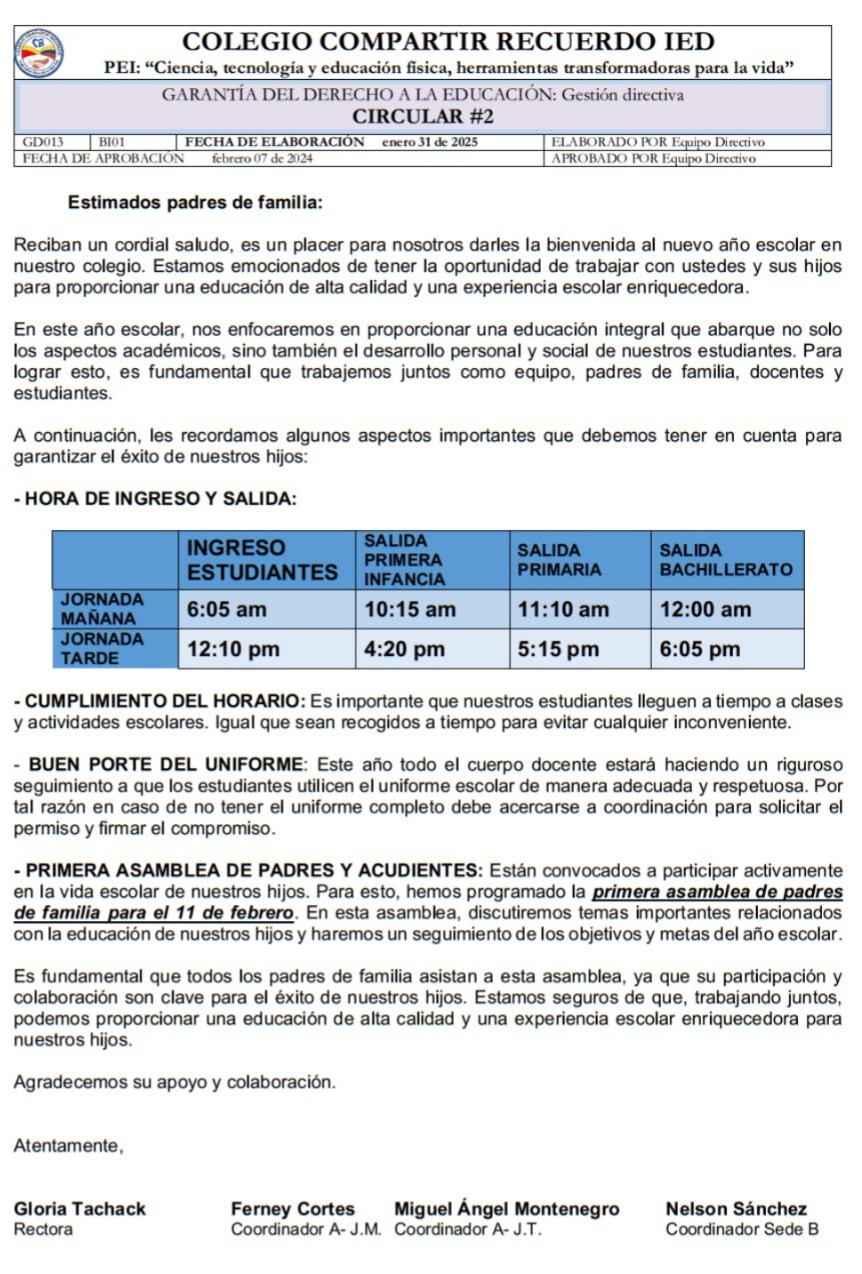 Circular 2 Uniforme, puntualidad, asamblea padres. 