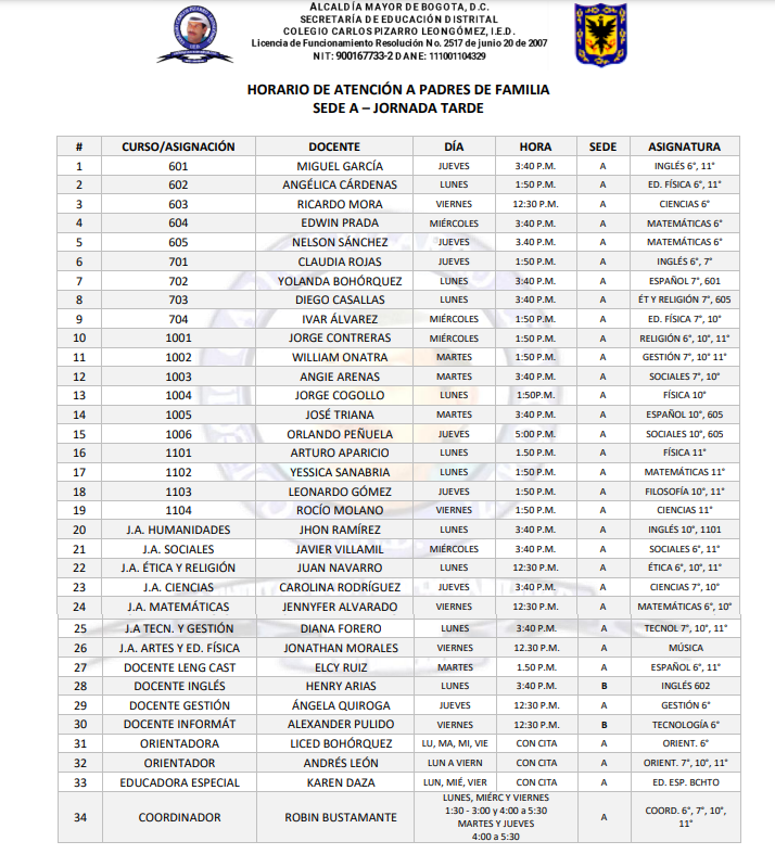 HORARIO ATENCION JT SEC