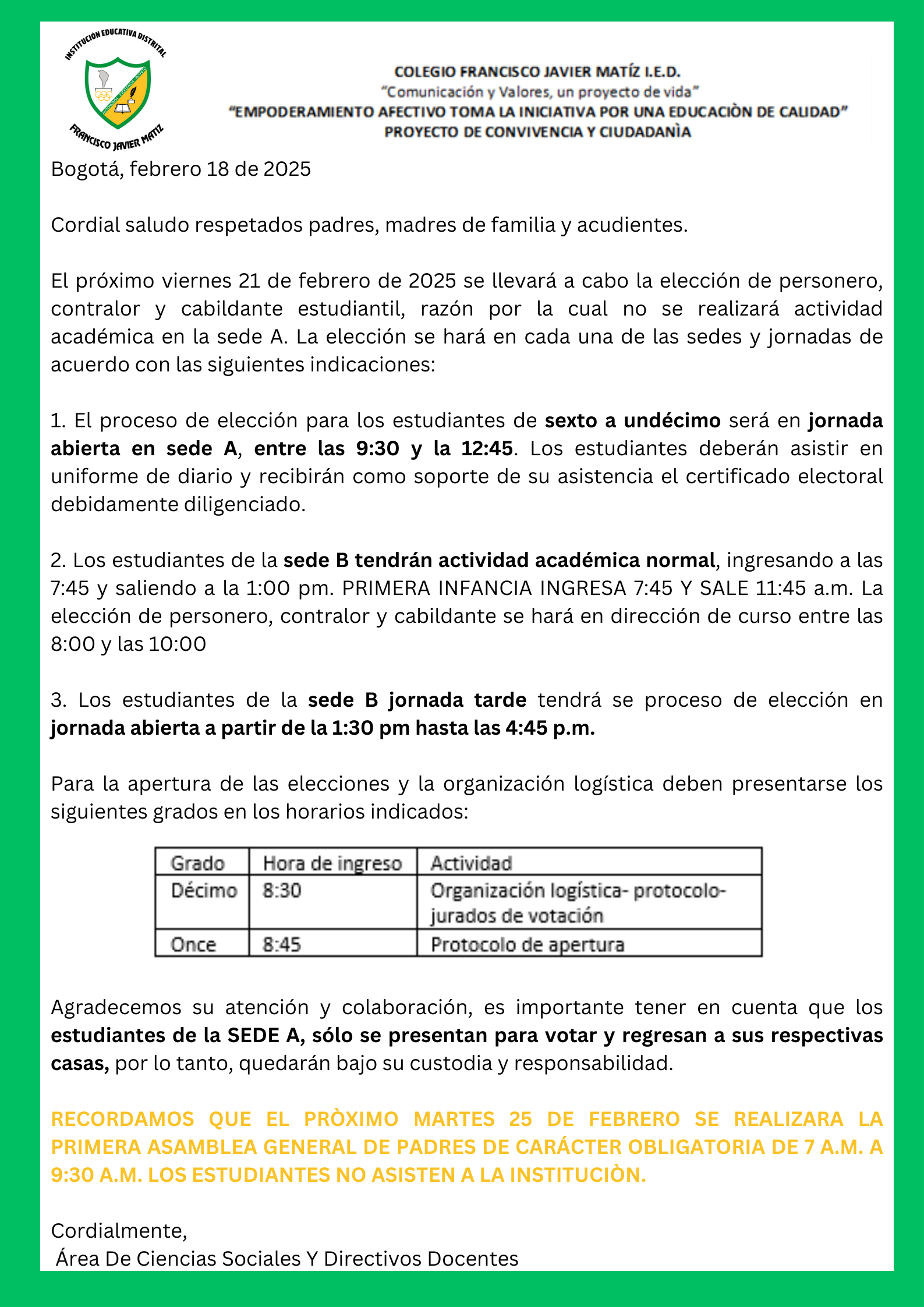 aviso importante la elección de personero, contralor y cabildante estudiantil y ASAMBLEA GENERAL DE PADRES DE CARÁCTER OBLIGATORIA
